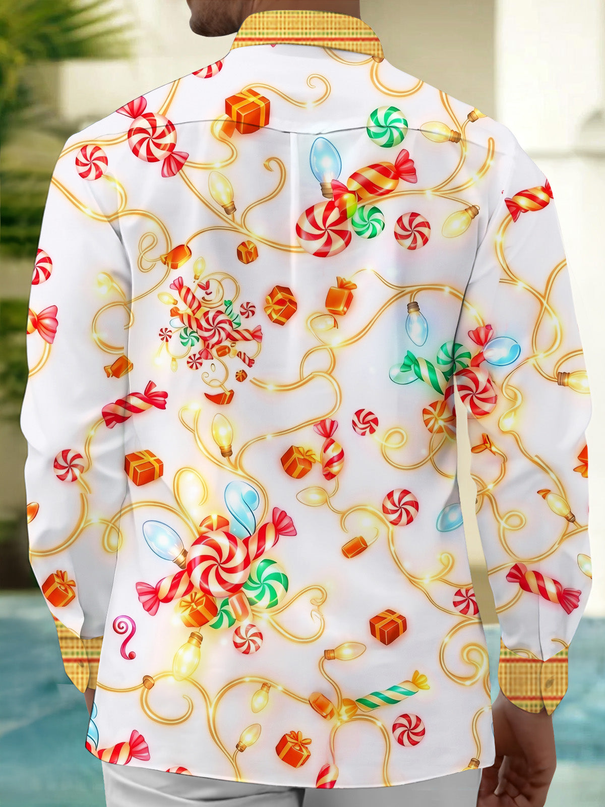 Adaychic Men's Hawaiian Christmas Lights And Candy Print Long Sleeve Shirt with Chest Pocket