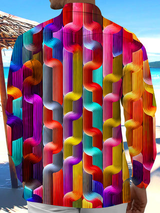 Adaychic Men's 3D Colorful Wavy Weave Texture Print Long Sleeve Shirt with Chest Pocket