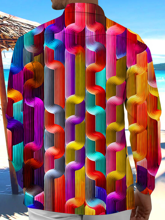 Adaychic Men's 3D Colorful Wavy Weave Texture Print Long Sleeve Shirt with Chest Pocket