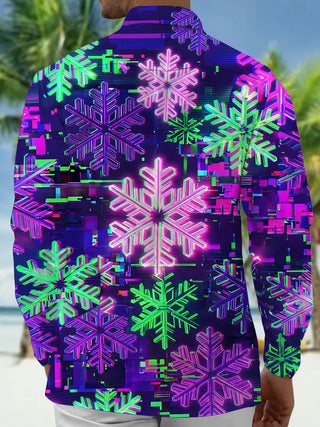Adaychic Men's Long Sleeve Shirt - Neon Snowflakes With Glitch Art Background Print with Chest Pocket