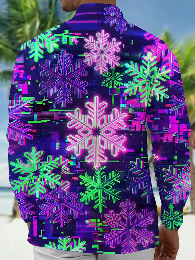 Adaychic Men's Long Sleeve Shirt - Neon Snowflakes With Glitch Art Background Print with Chest Pocket