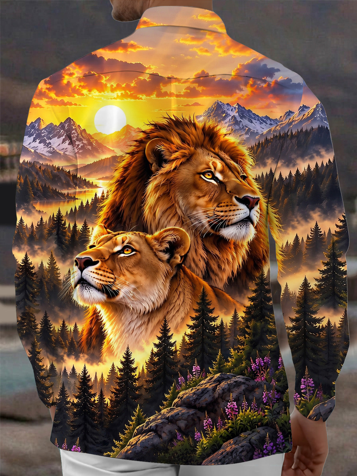 Adaychic Men's Graphic Lion Portrait Print Long Sleeve Shirt with Chest Pocket