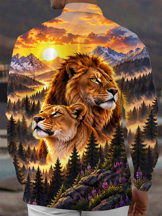 Adaychic Men's Graphic Lion Portrait Print Long Sleeve Shirt with Chest Pocket
