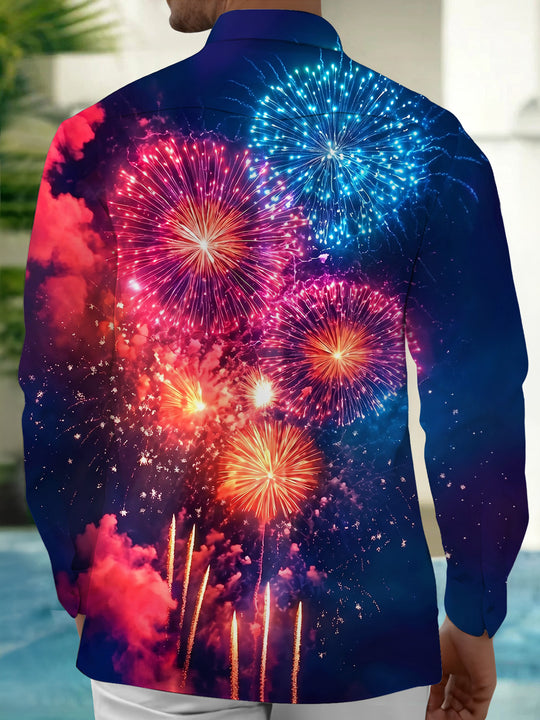 Adaychic Men's Printed Fireworks Display Print Long Sleeve Shirt with Chest Pocket