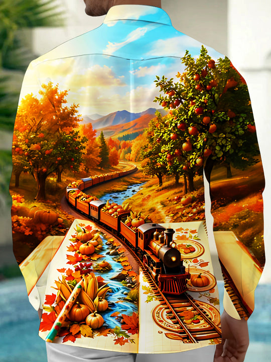 Adaychic Men's Long Sleeve Shirt - Autumn Landscape With Steam Train And Pumpkins Print with Chest Pocket