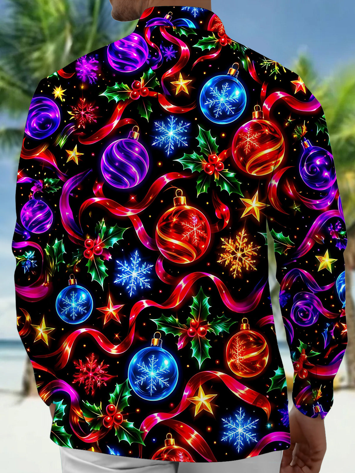 Adaychic Men's Graphic Christmas Ornaments And Holly Print Long Sleeve Shirt with Chest Pocket