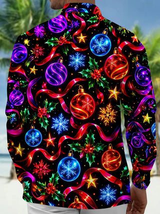 Adaychic Men's Graphic Christmas Ornaments And Holly Print Long Sleeve Shirt with Chest Pocket