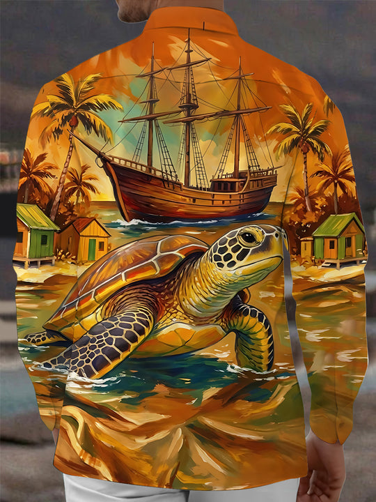 Adaychic Men's Hawaiian Sea Turtle And Sailing Ship Print Long Sleeve Shirt with Chest Pocket