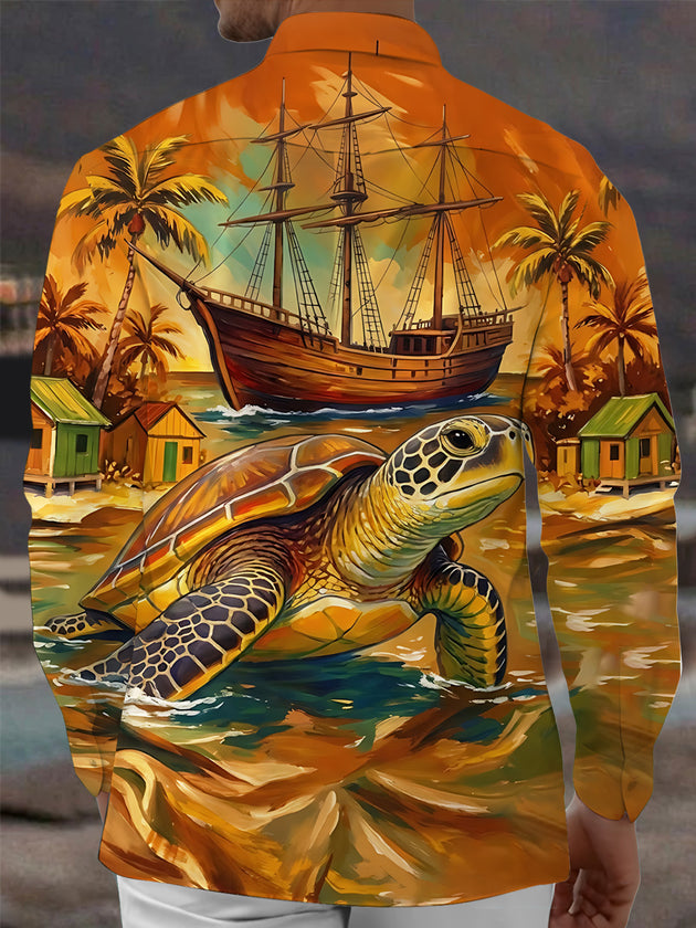 Adaychic Men's Hawaiian Sea Turtle And Sailing Ship Print Long Sleeve Shirt with Chest Pocket