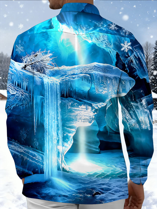 Adaychic Men's Printed Ice Cave Landscape Print Long Sleeve Shirt with Chest Pocket