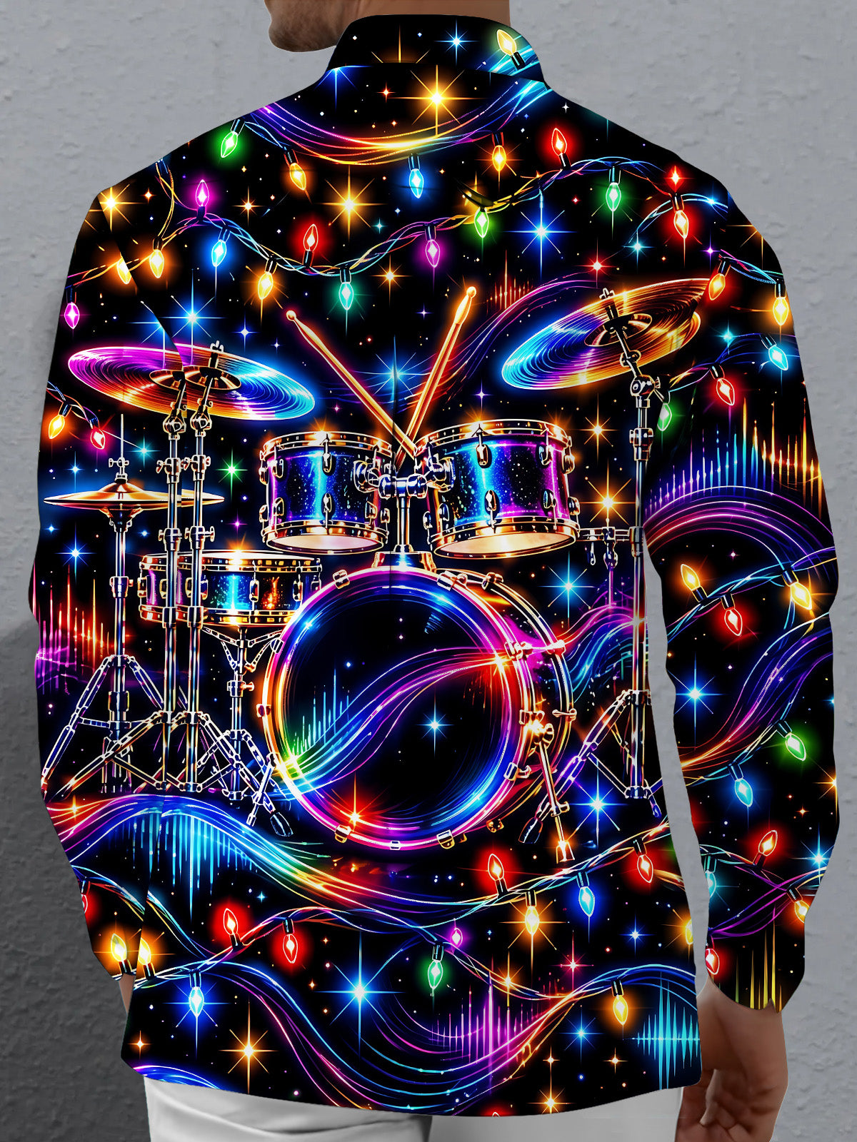 Adaychic Men's Neon Drum Kit And Christmas Lights Print Long Sleeve Shirt with Chest Pocket