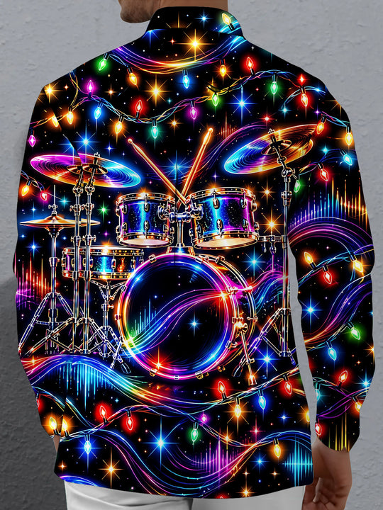 Adaychic Men's Neon Drum Kit And Christmas Lights Print Long Sleeve Shirt with Chest Pocket