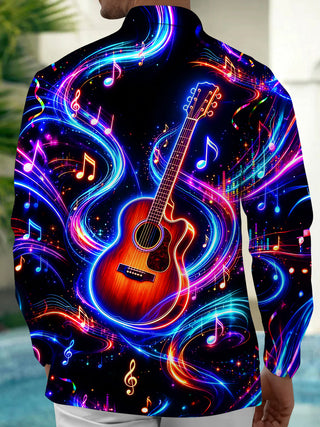 Adaychic Men's Graphic Neon Guitar And Music Notes Print Long Sleeve Shirt with Chest Pocket