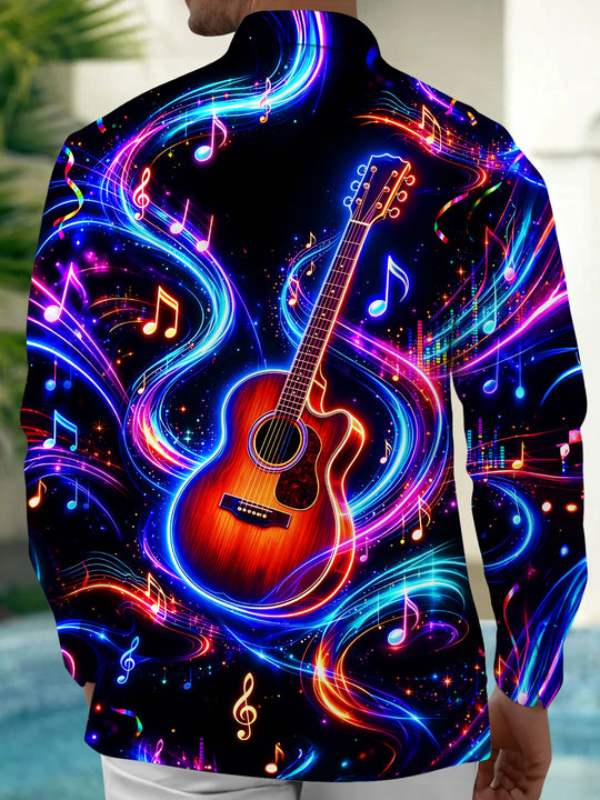 Adaychic Men's Graphic Neon Guitar And Music Notes Print Long Sleeve Shirt with Chest Pocket