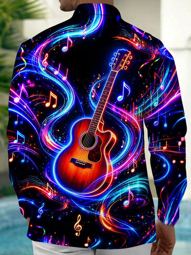 Adaychic Men's Graphic Neon Guitar And Music Notes Print Long Sleeve Shirt with Chest Pocket