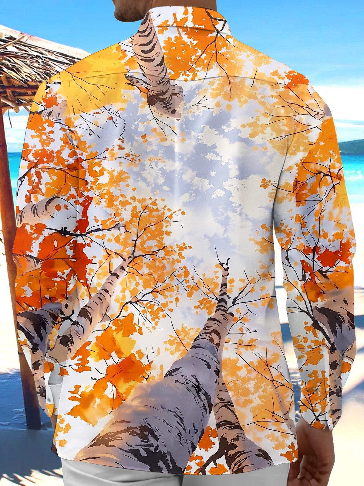 Adaychic Men's Printed Autumn Birch Forest Print Long Sleeve Shirt with Chest Pocket
