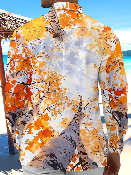 Adaychic Men's Printed Autumn Birch Forest Print Long Sleeve Shirt with Chest Pocket