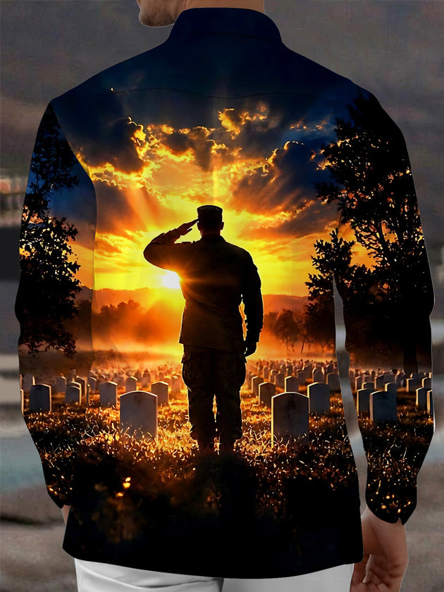 Adaychic Men's Long Sleeve Shirt - Veterans Day Soldier Saluting In Cemetery At Sunset Print with Chest Pocket