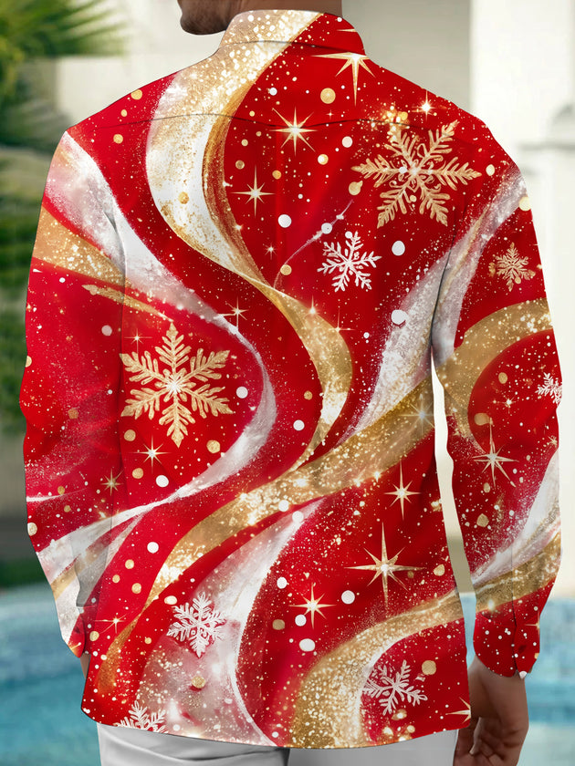 Adaychic Men's Abstract Snowflakes And Gold Swirls Print Long Sleeve Shirt with Chest Pocket