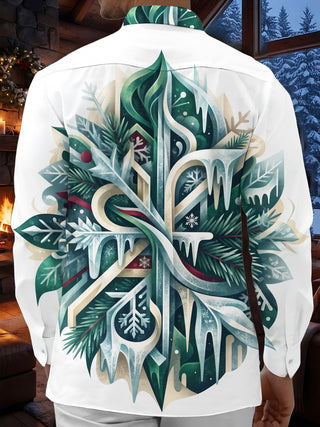 Adaychic Men's Printed Winter Icicle Pine And Snowflake Print Long Sleeve Shirt with Chest Pocket