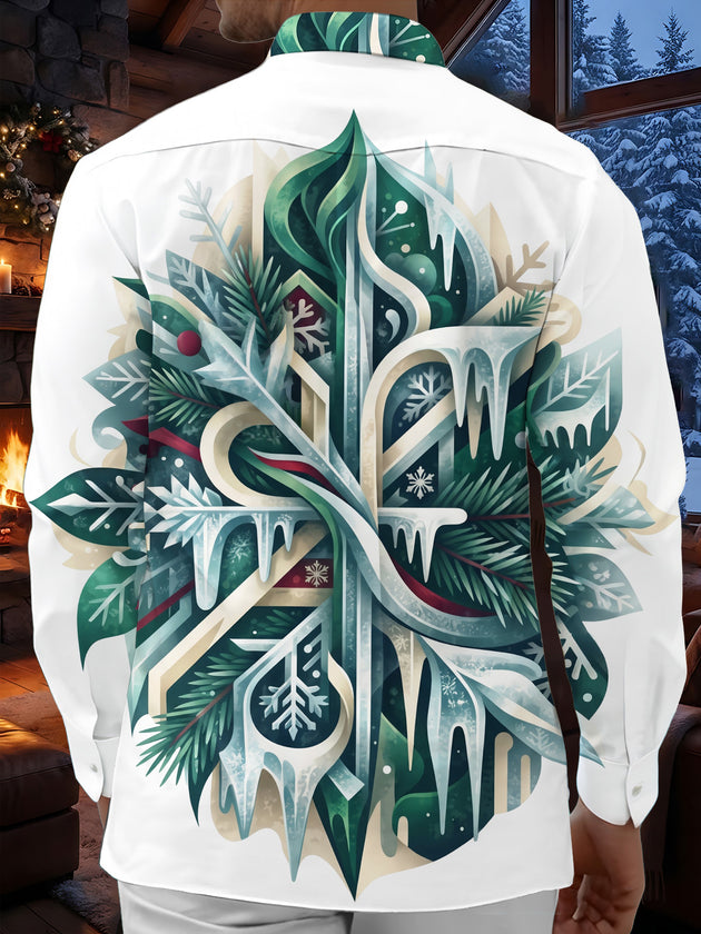 Adaychic Men's Printed Winter Icicle Pine And Snowflake Print Long Sleeve Shirt with Chest Pocket