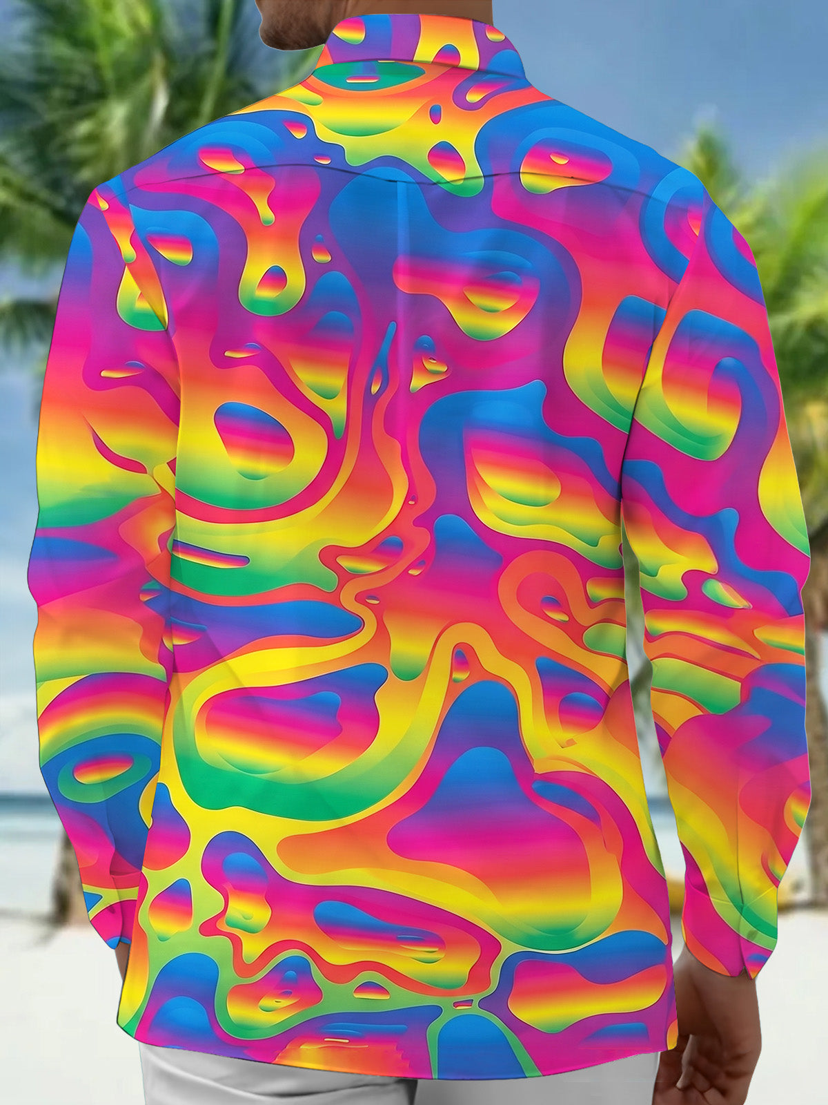 Adaychic Men's Printed Rainbow Liquid Gradient Print Long Sleeve Shirt with Chest Pocket