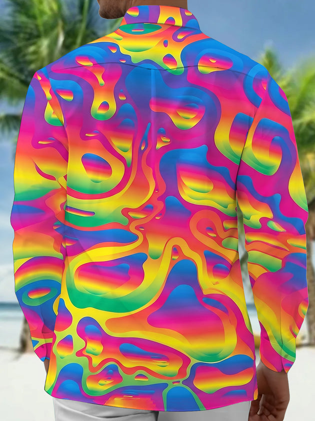 Adaychic Men's Printed Rainbow Liquid Gradient Print Long Sleeve Shirt with Chest Pocket