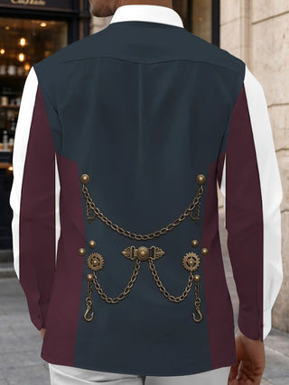 Adaychic Men's Retro Steampunk Gears And Mustache Print Long Sleeve Shirt with Chest Pocket