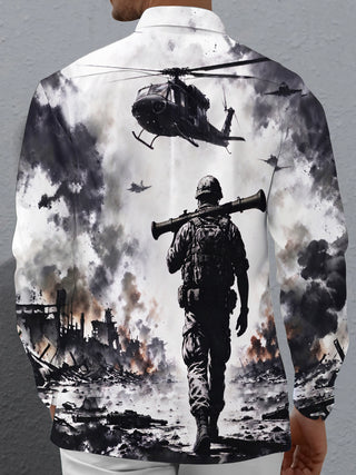 Adaychic Men's Long Sleeve Shirt - Soldier With Rocket Launcher And Helicopters In Warzone Print with Chest Pocket