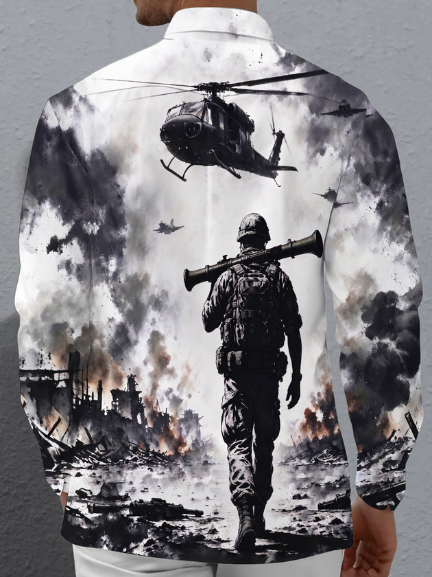Adaychic Men's Long Sleeve Shirt - Soldier With Rocket Launcher And Helicopters In Warzone Print with Chest Pocket
