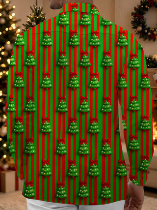 Adaychic Men's Long Sleeve Shirt - Christmas Trees With Red Bows And Snowflakes Print with Chest Pocket