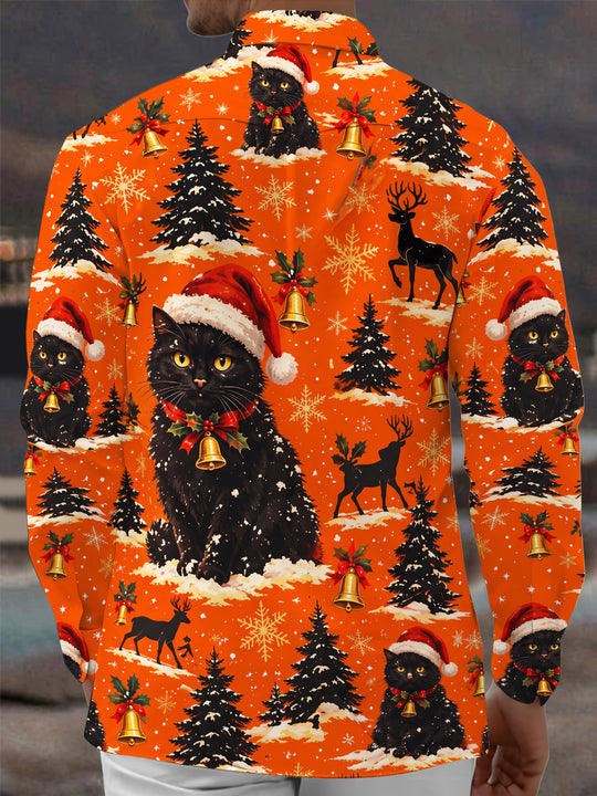 Adaychic Men's Long Sleeve Shirt - Black Cats With Santa Hats And Christmas Trees Print with Chest Pocket