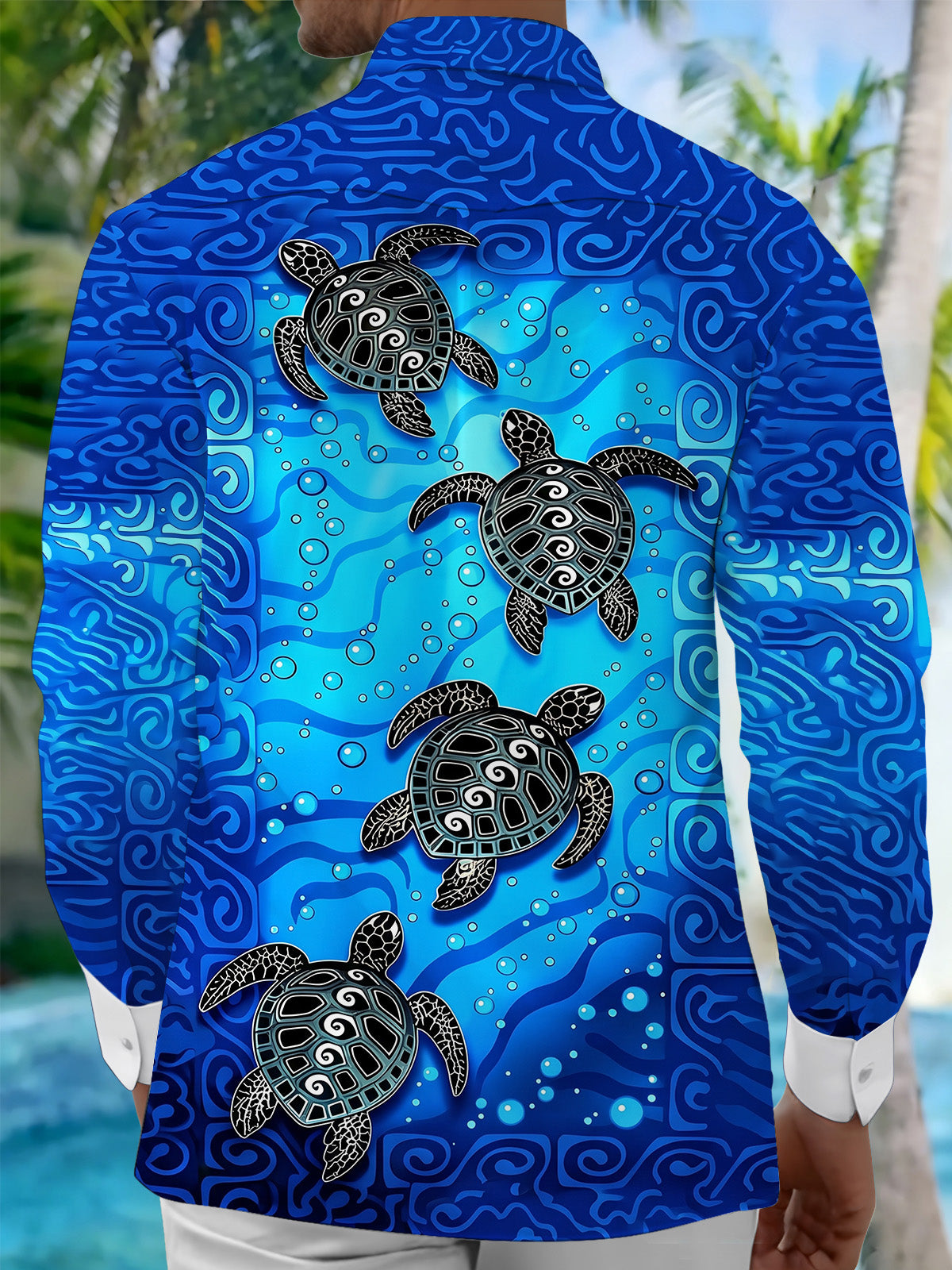 Adaychic Men's Hawaiian Sea Turtle Print Ocean Waves Print Long Sleeve Shirt with Chest Pocket