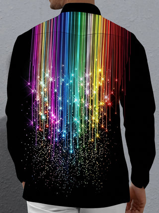 Adaychic Men's Rainbow Gradient Lines With Sparkles Print Long Sleeve Shirt with Chest Pocket