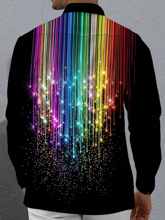 Adaychic Men's Rainbow Gradient Lines With Sparkles Print Long Sleeve Shirt with Chest Pocket