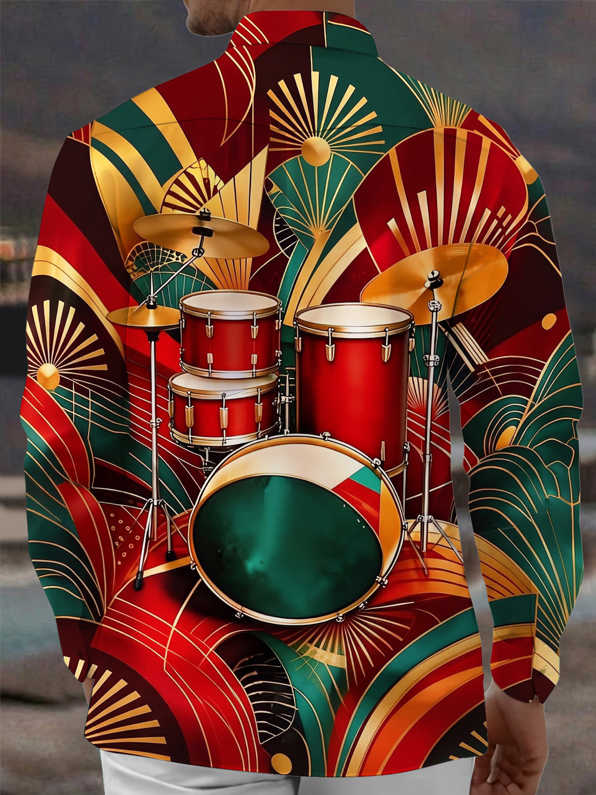 Adaychic Men's Vintage Style Drum Set Print Long Sleeve Shirt with Chest Pocket