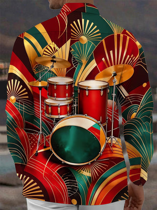 Adaychic Men's Vintage Style Drum Set Print Long Sleeve Shirt with Chest Pocket