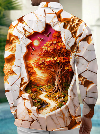 Adaychic Men's Long Sleeve Shirt - Autumn Forest Landscape With Cracked Marble Border Print with Chest Pocket
