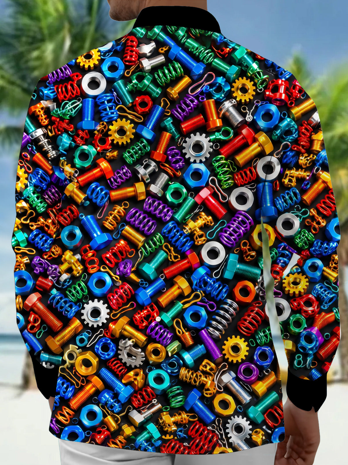 Adaychic Men's Colorful Hardware Screws And Nuts Print Long Sleeve Shirt with Chest Pocket