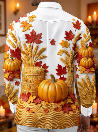Adaychic Men's Long Sleeve Shirt - Thanksgiving Autumn Harvest Pumpkins And Wheat Sheaves Print with Chest Pocket