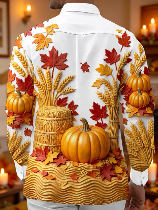 Adaychic Men's Long Sleeve Shirt - Thanksgiving Autumn Harvest Pumpkins And Wheat Sheaves Print with Chest Pocket