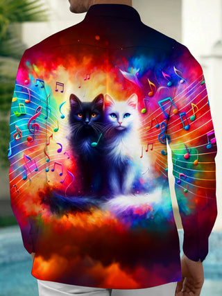 Adaychic Men's Graphic Colorful Cats Print Long Sleeve Shirt with Chest Pocket