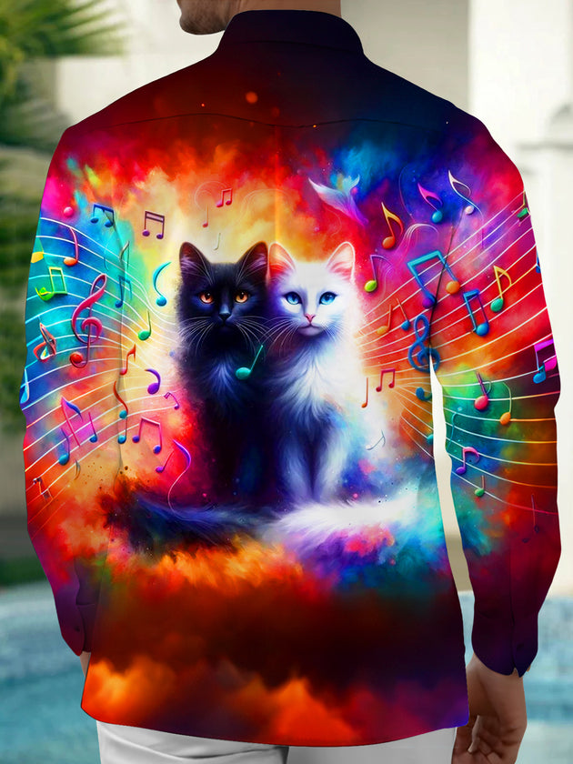 Adaychic Men's Graphic Colorful Cats Print Long Sleeve Shirt with Chest Pocket