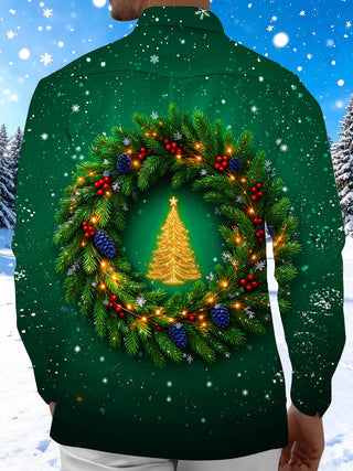Adaychic Men's Christmas Wreath With Golden Tree Print Long Sleeve Shirt with Chest Pocket
