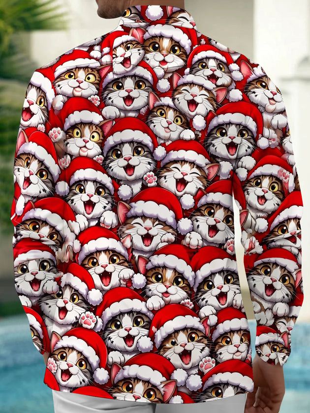 Adaychic Men's Graphic Cats Wearing Santa Hats Print Long Sleeve Shirt with Chest Pocket