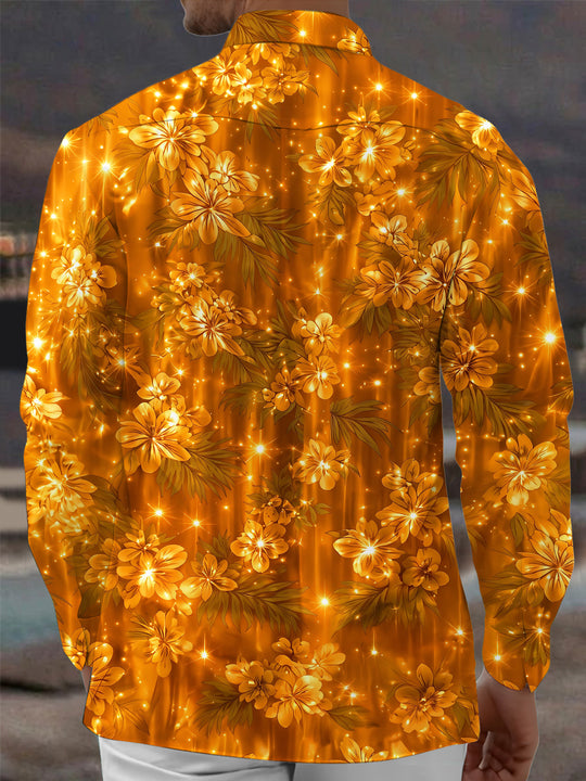 Adaychic Men's Golden Floral Leaves And Sparkles Print Long Sleeve Shirt with Chest Pocket