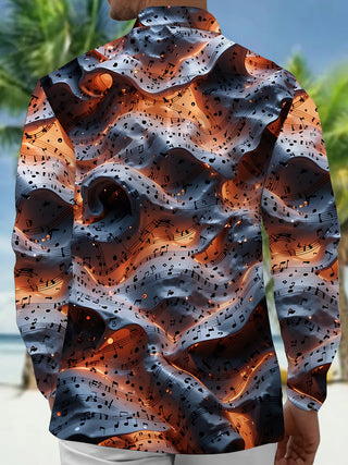Adaychic Men's Graphic Musical Notes Print Long Sleeve Shirt with Chest Pocket