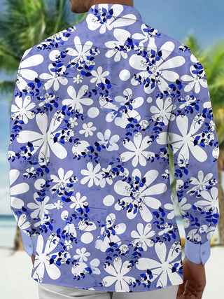 Adaychic Men's Hawaiian Blue And White Floral Pattern Long Sleeve Shirt with Chest Pocket