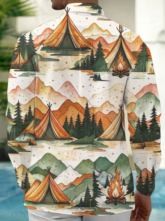 Adaychic Men's Printed Mountain Camping Scene Print Long Sleeve Shirt with Chest Pocket