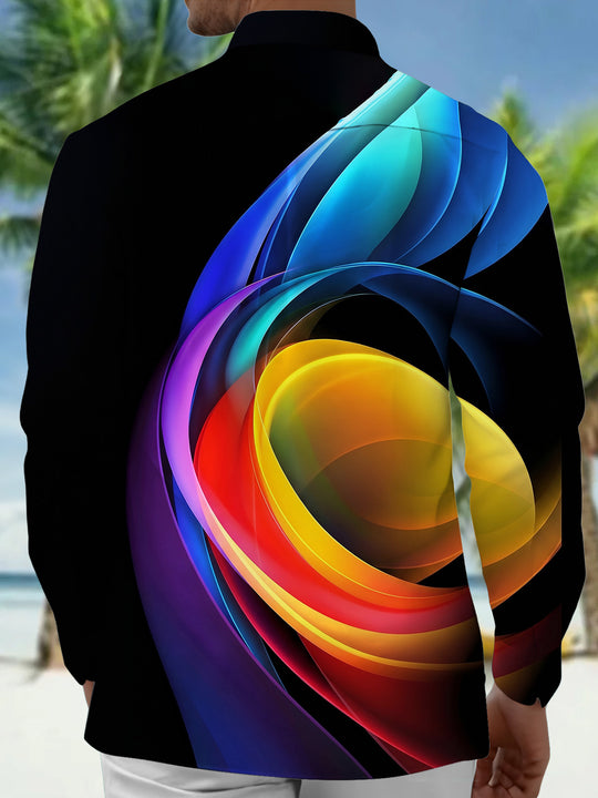 Adaychic Men's Printed Colorful Abstract Waves Print Long Sleeve Shirt with Chest Pocket